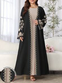 SHEIN Najma 大码女式花卉印花长袖休闲阿拉伯长袍，春秋季 - 彩色 - 查看 1