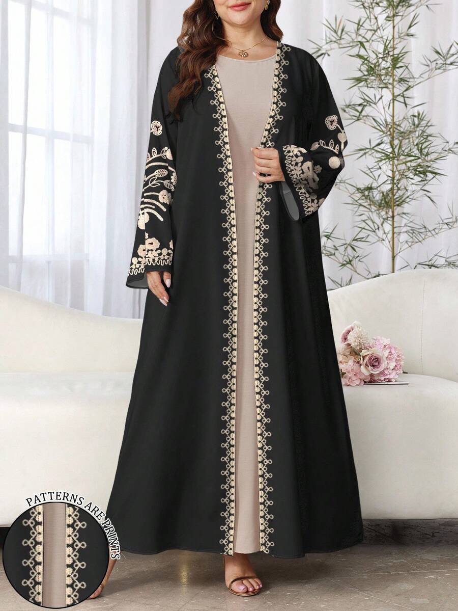 SHEIN Najma 大码女式花卉印花长袖休闲阿拉伯长袍，春秋季 - 彩色 - 查看 1