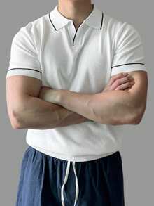 DAZY Men's Summer Half-Zip Solid Color White/Black Decorative Trim Knit Top - White - View 5