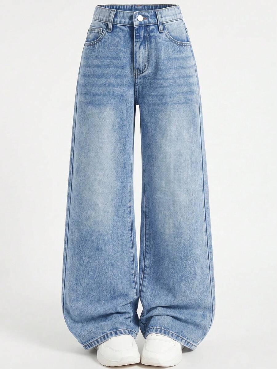 SHEIN Girlism 青少年女孩 Y2K 復古水洗高腰貓洗寬鬆牛仔褲,秋冬返校街頭風 - 淺色水洗藍 - 查看 1