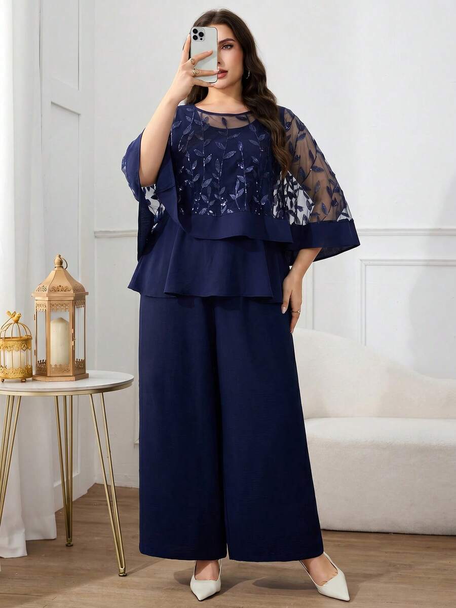 Modelyn Plus Size Women's Dark Blue 3D Floral Decor Mesh Patchwork Round Neck Top And Solid Color Wide Leg Pants 2pcs Set, Party Wedding, Formal, Evening Gown - Navy Blue - View 1
