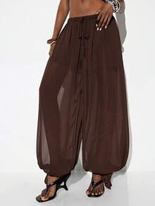 Aveloria GENKIRA Pantalon long femme en mousseline légère couleur café unicolore, style bohème de luxe pour vacances, taille basse, transparent et sexy, design à poignets avec lien, pantalon lanterne ballon, minimaliste avant-gardiste, cool moderne Y2K, polyvalent pour le trajet, décontracté et soirée - Marron - Voir 4