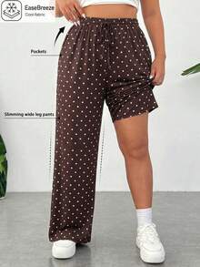 SHEIN EZwear 女款大尺碼圓點抽繩彈性腰長褲 - 棕色 - 查看 1