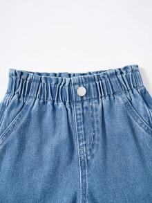 SHEIN 女童可愛甜美百搭時尚休閒波希米亞風度假平腰寬腿牛仔褲，嬰兒藍，荷葉邊飾邊，7/10分長，夏季穿著 - 中等水洗藍 - 查看 9
