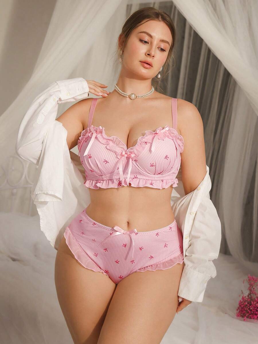 DelicateAllure 2pcs Set Plus Size Underwear With Molded Cup, Underwire, Mesh Inset, Ruffle Trim, Bow Accent, Lift & Enhance, Bow & Stripe Pattern - Pink - View 1