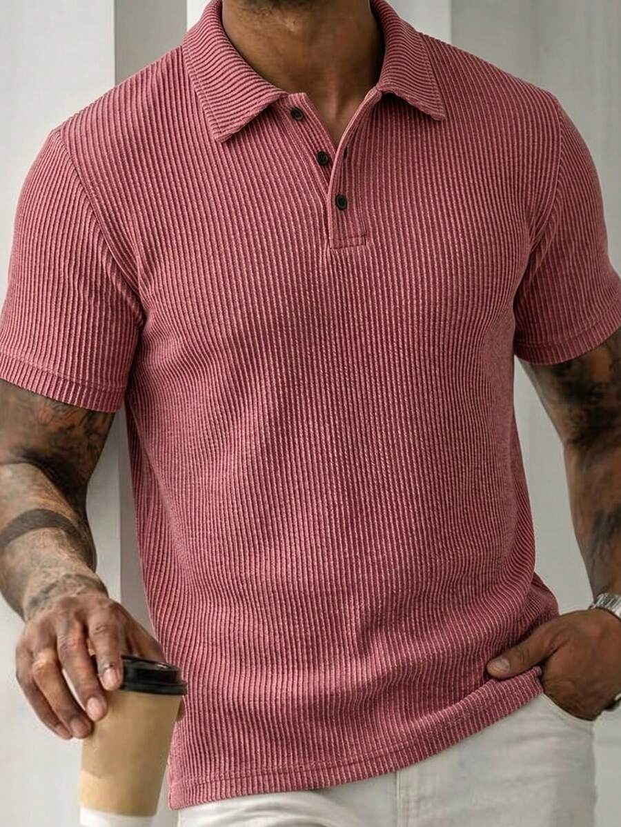 Manfinity CasualCool 男士直條紋紋理布料成熟休閒款短袖 Polo 衫,適合日常、度假、禮儀場合,送給丈夫/男友的禮物 - 酒紅色 - 查看 1