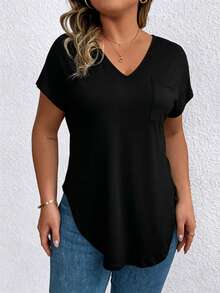 EMERY ROSE Regular Women's Solid Color V-Neck Short-Sleeved Casual T-Shirt - Black - View 3