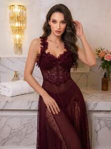 Modelyn Women's Sexy Lace Floral Mesh Spaghetti Strap Long Nightgown With Waist Design Lingerie Dress See Through Dress Long Night Dress Lace Dress - Maroon - View 5