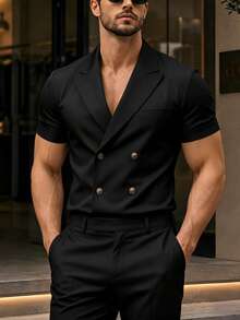 Manfinity Mode Men's Lapel Short Sleeve Double-Breasted Placket Solid Color Blazer, Formal - Black - View 3