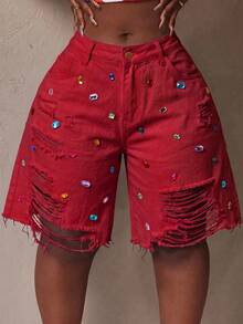 Slaydiva Plus Size Women's Solid Color Rhinestone Decor Distressed Frayed Hem Button Denim Jeans - Red - View 4