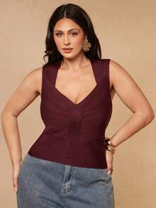 SHEIN BAE CURVE Plus Size Women's Burgundy Bandage Top, Summer Outfits, Independence Day, 4th Of July, Elegant, Bandage Top - Burgundy - View 2