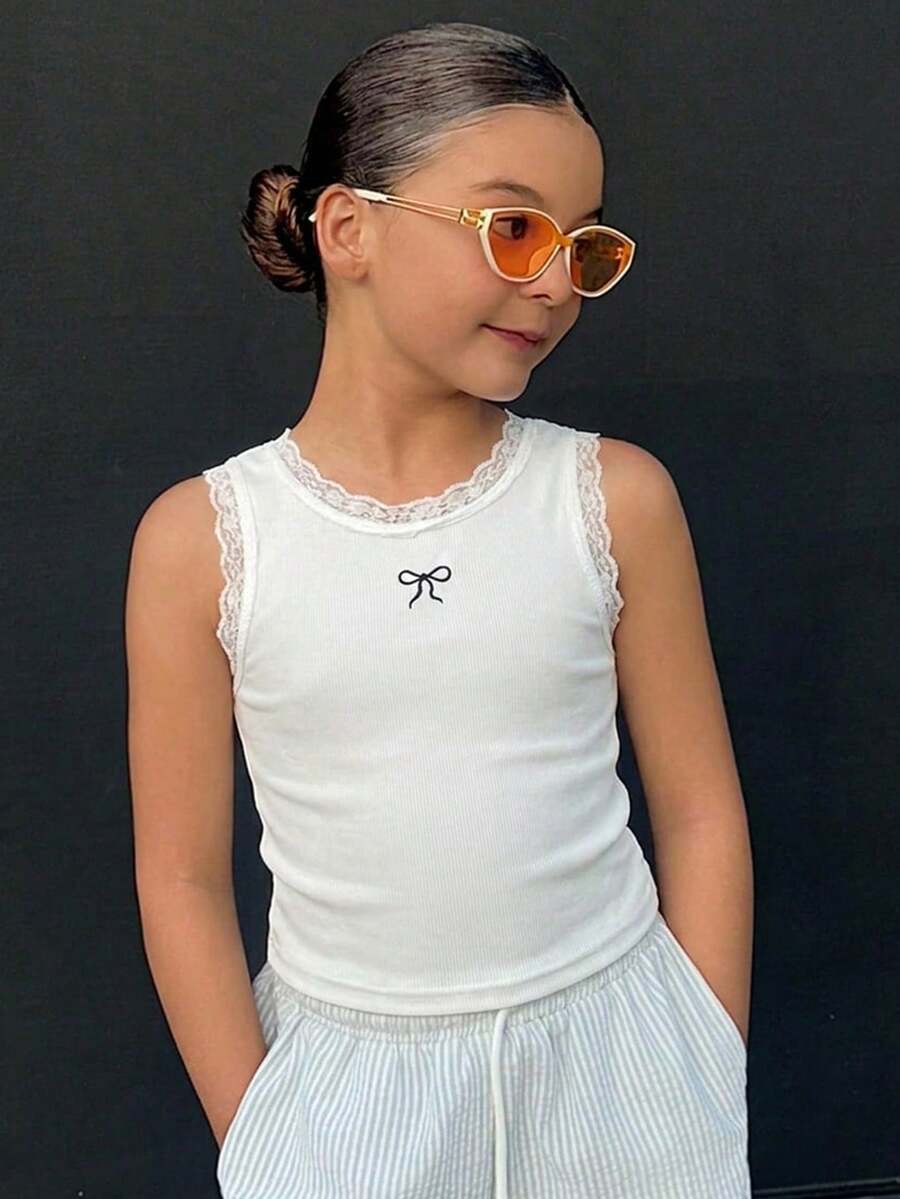 Dazy Kids 大童女孩秋季圓領針織蝴蝶結刺繡上衣 夏季款 (大號) - 白色 - 查看 1