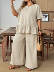 SHEIN CURVE+ Women's Plus Size Solid Color Round Neck Pleated Short Sleeve Top And Wide Leg Pants Casual Two Pieces Set Summer Vacation Beige Vacation - Grey - View 5