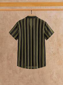 Manfinity RebelGame Men's Plus Size Summer Casual Vacation Contrast Color Striped Print Short Sleeve Shirt Vacation Olive Green - Multicolor - View 5
