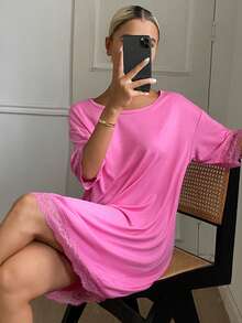 DAZY 女款舒適百搭蕾絲拼接圓領休閒睡裙 夏季睡衣 - 粉色 - 查看 3