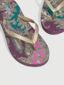Grefit Woman Shoes Retro Paisley Pattern Toe Post Flip-Flops, Fashion Outdoor PVC Brown Flip Flops For Summer Vacation Beach Shoes - Brown - View 3