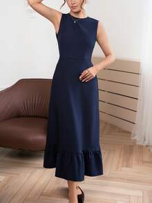 Modelyn Damen Sommer Lässig Alltag Arbeit Pendeln Minimalistisch Vielseitig Einfarbig Ärmellos Taillenbetontes langes Kleid - marineblau - Übersicht 6