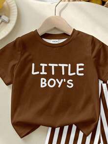 SHEIN Playful Pals 1套男嬰休閒簡約度假風「LITTLE BOY'S」字母印花圓領短袖T恤與條紋印花短褲套裝，夏季穿搭 - 彩色 - 查看 4