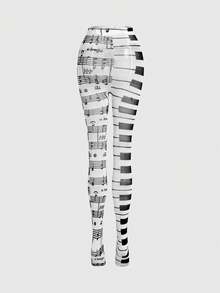ROMWE Anime 1 chiếc quần legging nữ thời trang màu trơn kẻ sọc in chữ ghi chú họa tiết nhạc cụ âm nhạc - PP trắng - Xem 5