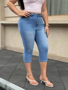 SHEIN Unity Celana Jeans Denim Kasual Musim Panas Slim Fit Wanita Ukuran Plus dengan Kantong Miring - Light Wash - View 4