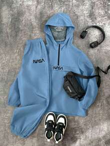 SHEIN Conjunto de 2 piezas de chaqueta con capucha y media cremallera y pantalones jogger para adolescente, adecuado para otoño/invierno, estilo deportivo casual, ideal para ir al trabajo, la escuela, uso diario, vacaciones, viajes, deportes, todas las estaciones, forro polar, engrosado - Azul - Ver 6
