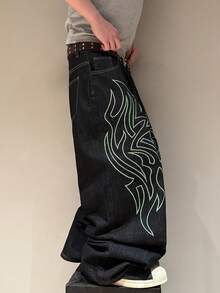 STEELVANCE Men's Printed Pattern Loose Straight Leg Denim Pants - Black - View 4