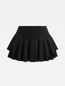 SHEIN Girls' Soft & Comfortable Solid Color Casual Skirt - Black - View 5
