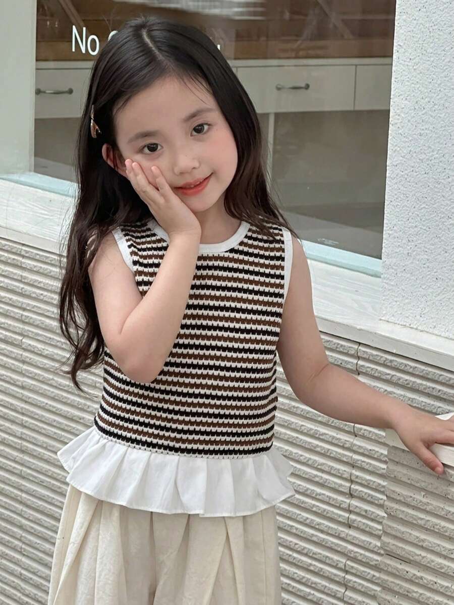 Dazy Kids 女童條紋圓領荷葉邊下擺無袖上衣 夏季 - 棕色 - 查看 1