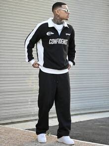 Devon Thys Men's Contrast Color Print Pullover Pullover Sweatshirt And Solid Color Pants Set - Black - View 6