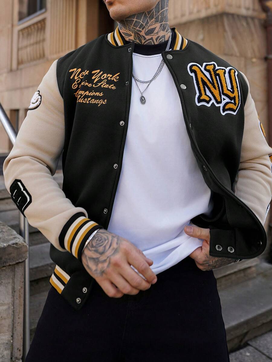 Artur Kramer Men's Long Sleeve Casual Street Fashion Collegiate Style Letter Applique Contrast Striped Trim Rave Baseball Jacket, Autumn/Winter - Multicolor - View 1