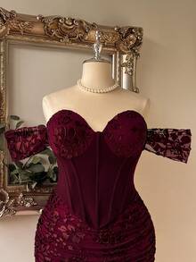 Lovelzi Elegant Sexy Romantic Burgundy Stretch Fabric Cutout Patchwork Fitted Wedding Formal Party Cocktail Party Dinner Birthday Event Plus Size Dress Winter - Burgundy - View 4