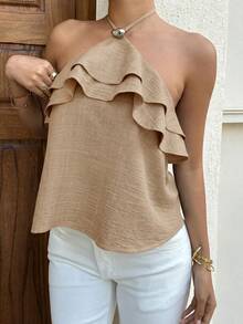 Siren Gaze Halter Neck Ruffle Top For Women - Khaki - View 3