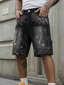 ROMWE MEN Street Life Men's Street Fashion Rhinestone Distressed Denim Shorts - Black - View 8