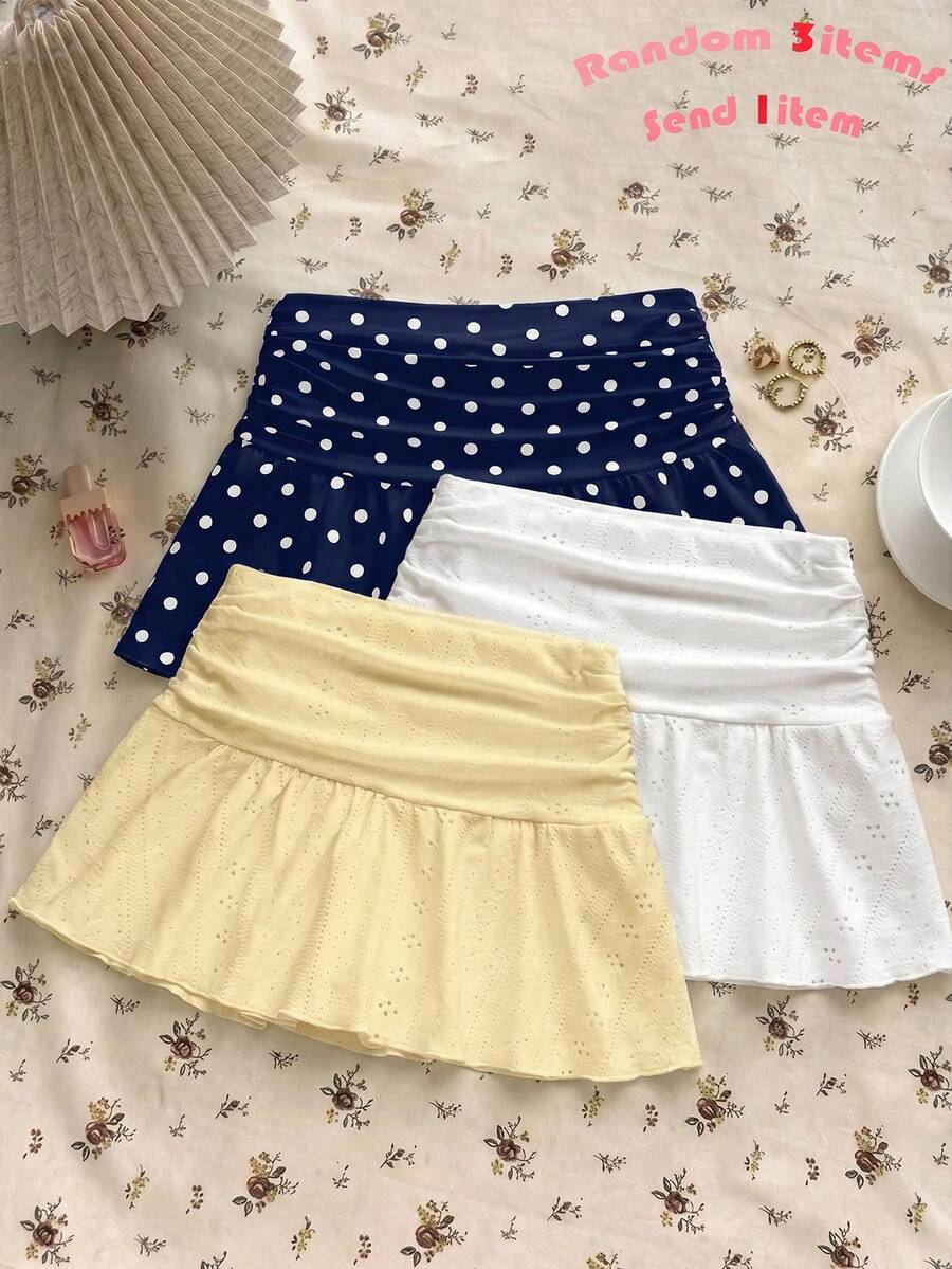 Teen Girls White Knit Casual Home Versatile Hollow Texture Ruched A-Line Low-Waist Mini Skirt, Suitable For Summer - Navy Blue - View 1