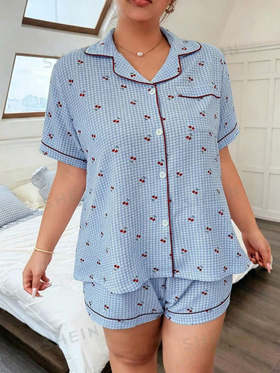 Napfluff CURVE Napfluff CURVE Pink Plaid Cherry Print Lapel Front Opening Short Sleeve Plus Size Pajama Set - Baby Blue - View 1