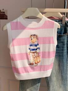 Comfortcana Women's Striped And Cartoon Pattern Colorblock Trim Sleeveless Knit Vest - Pink - View 3