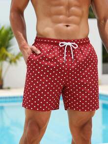 Manfinity Swimmode 男士休閒波點印花抽繩沙灘短褲 - 玫紅色 - 查看 3