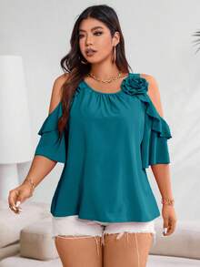 Vionelle Plus Cold Shoulder Ruffle Trim Blouse For Summer For New Year Clothes - Blue - View 4