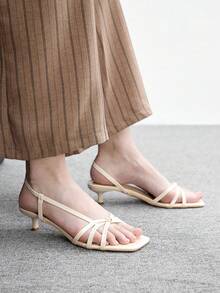 CUCCOO BIZCHIC 女鞋春夏新款米色細條紋露趾中跟涼鞋，簡約時尚舒適，日常百搭通勤女款涼鞋 - 米色 - 查看 3