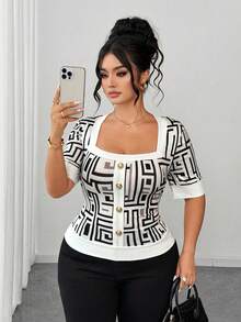 Elenzga Plus Size Women's Summer New Knit Square Neck Print Single Breasted Slimming Regular Short Sleeve Top T-Shirt Suitable For Daily Casual Elegant Work - Black and White - View 7
