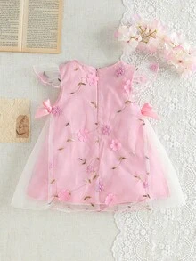 SHEIN Baby Girl 0-3 Years Spring/Summer Princess Style 3D Pink Floral Mesh Bow Dress, Suitable For Birthday Party, Evening Event, Everyday Wear, Vacation - Pink - View 2