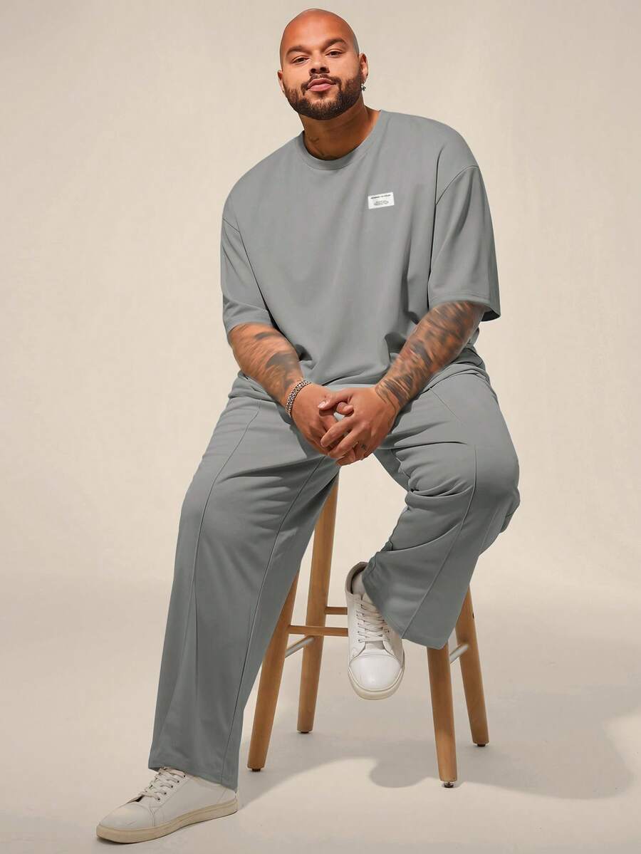 EASEVO Men's Plus Size Letter Print Short Sleeve T-Shirt And Pants Casual Set - Light Grey - View 1