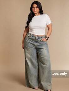 SHEIN BAE Plus Size Women's Sequin Embellished Short Sleeve Top, Spring/Summer - White - View 4