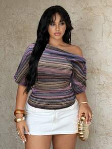Rustia Plus Size Women's Spring/Summer One-Shoulder Short Sleeve Textured Knit Faux Knitted Sweater Top, Colorful Striped Elegant Vintage Vacation Casual Beach T-Shirt - Purple - View 3