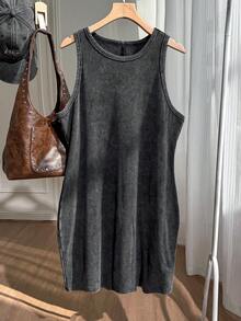 Comfortcana Casual Retro English Slogan Print Plus Size Women Round Neck Sleeveless Bodycon Dress, Suitable For Summer Gym Brown - Black - View 3