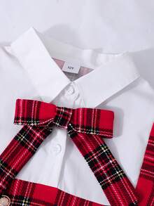 Tween Girls' 2 In 1 Plaid Dress, Long Sleeve, Collared, Bow Decor, Shirt Splicing, Fashion, Preppy Style, Autumn/Winter - Red - View 4