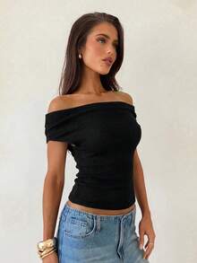 Aloruh Women's Solid Color Knit Off-Shoulder Top With Metal Decor - Black - View 6