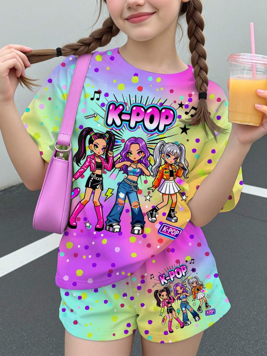 Tween Girl Cartoon Girl K-Pop Superstars , Cartoon Girl Group Print Pattern Colorful Gradient Short Sleeve T-Shirt And Shorts 2-Piece Set Suitable For Summer - Multicolor - View 1