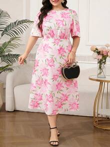 Reflora 大尺碼休閒碎花印花夏季女裝洋裝 - 玫紅色 - 查看 8