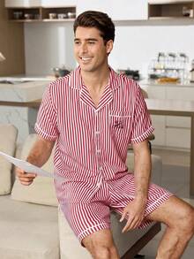 CoupledUp Men's Casual Striped Short Sleeve Letter Print T-Shirt And Striped Shorts Pajama Set - Hot Pink - View 5